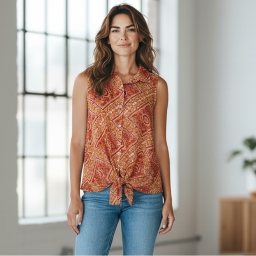 NWT Rose & Olive‎ Women’s Sleeveless Front Tie Blouse Boho